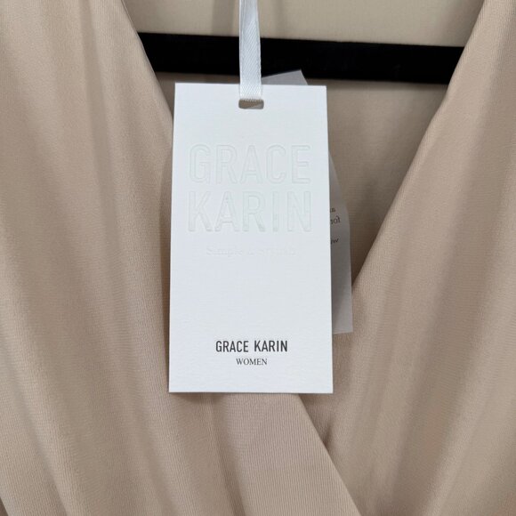 Grace Karin Womens Flutter Sleeve Surplice Blouse Top Size XL Tan Office NEW - Picture 5 of 13